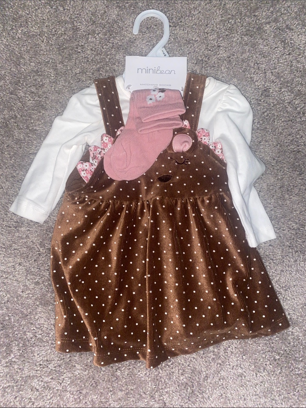 Brown Polka Dot Corduroy Jumper with White Top and Pink Socks